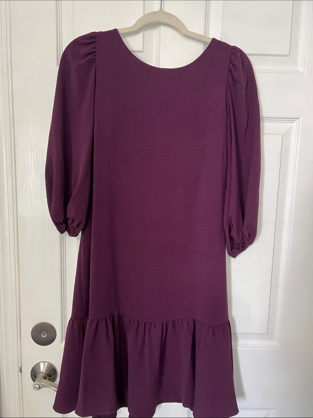 DKNY Plum Puff Sleeve Midi Dress with Ruffle Hem